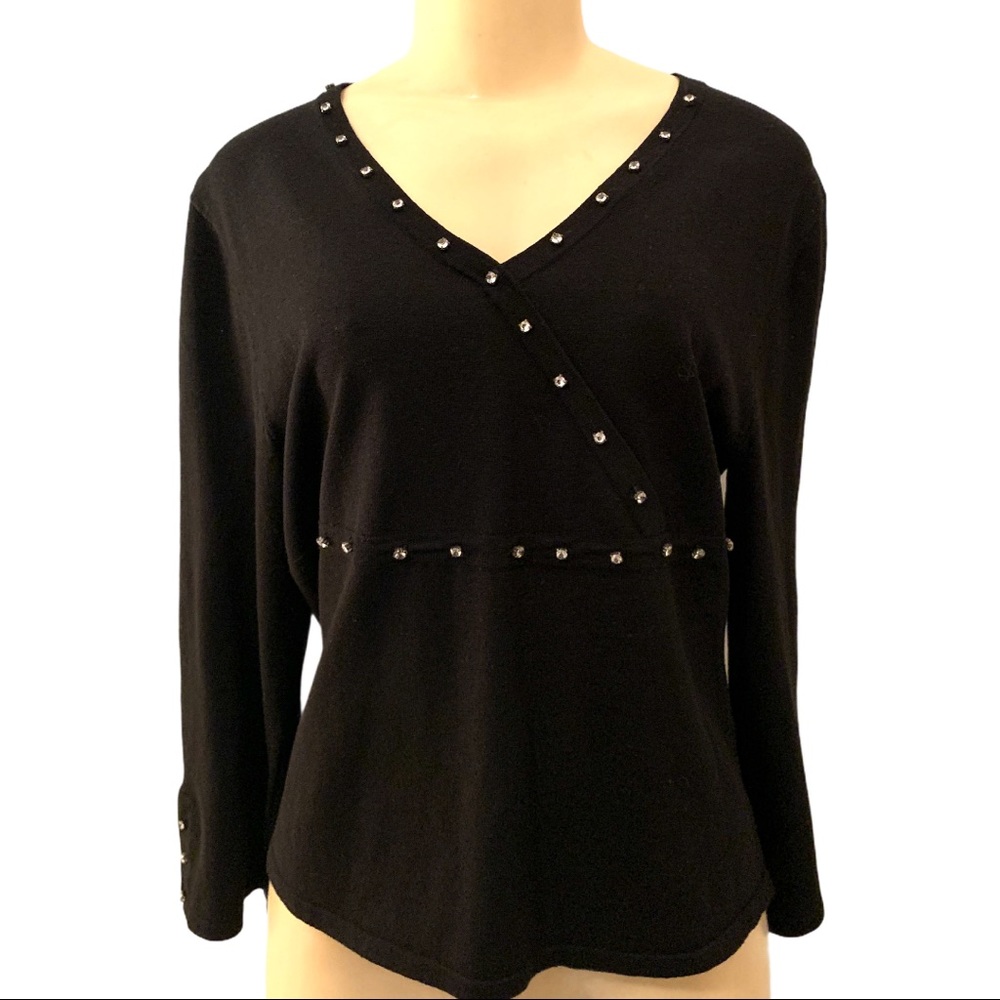SILK Spenser Jeremy Petite Gem Bead Embellished Black LS V Neck Dress Shirt Top